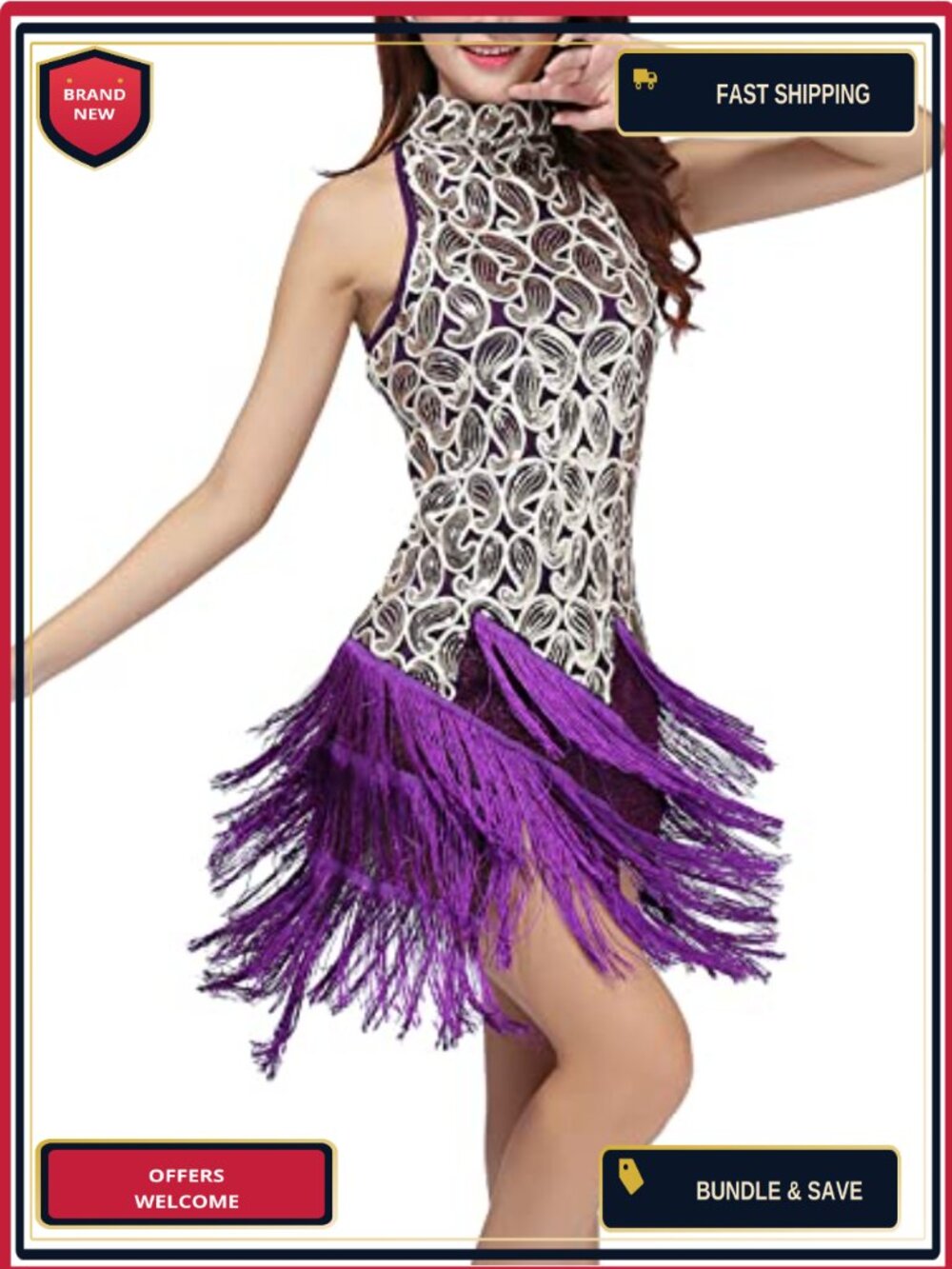 Mock Neck Sequin Fringe Flapper Dance Dress